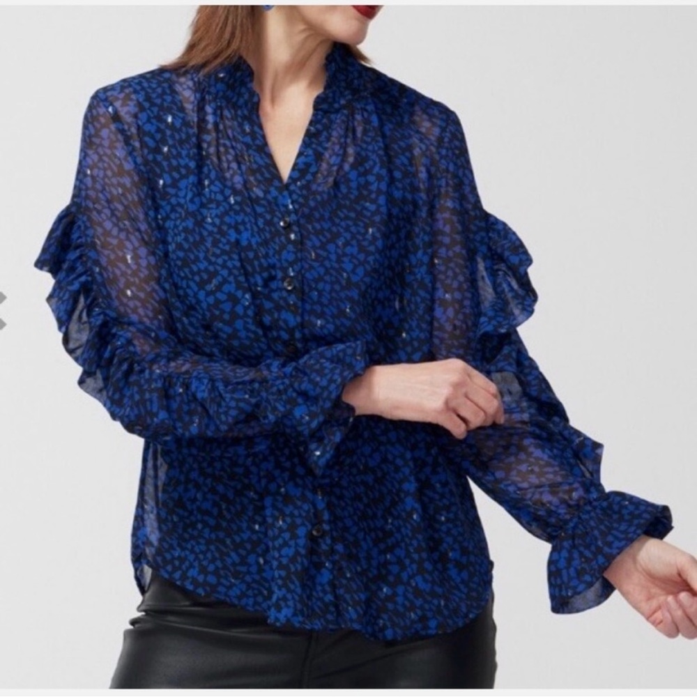 💙 NWT! Blue and Black CHICO's Fabulous Dot Ruffle Blouse - Size Medium